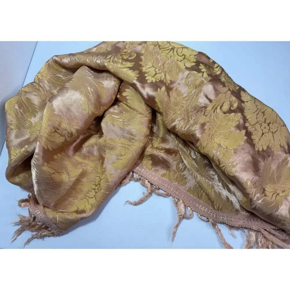Antique Brocade Fringed Floral Piano Scarf Shawl Silk Tapestry Pink Yellow VTG_5